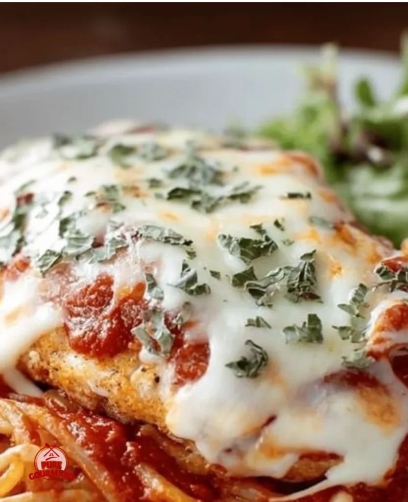 Crispy chicken parmesan served with tomato sauce and melted cheese