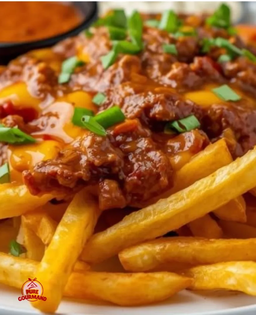 Delicious crispy chili cheese fries topped with melted cheese and chili.