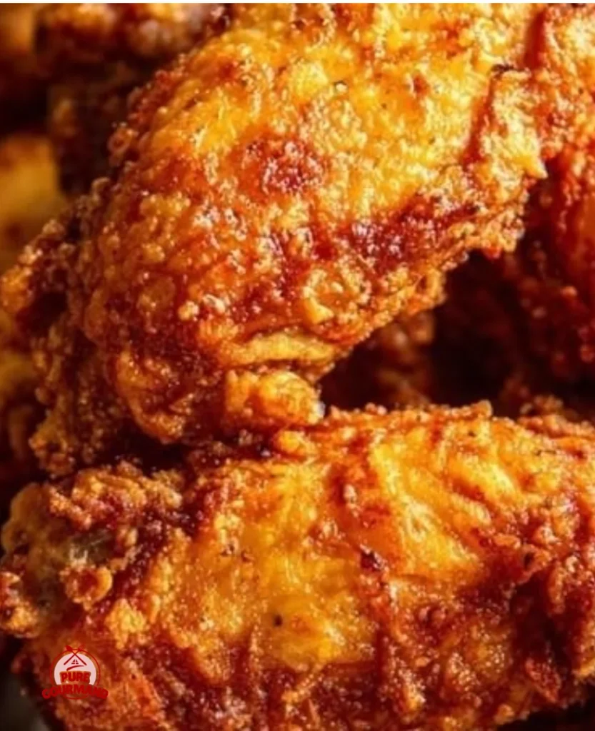 Crispy deep-fried chicken wings served on a platter, garnished with herbs.