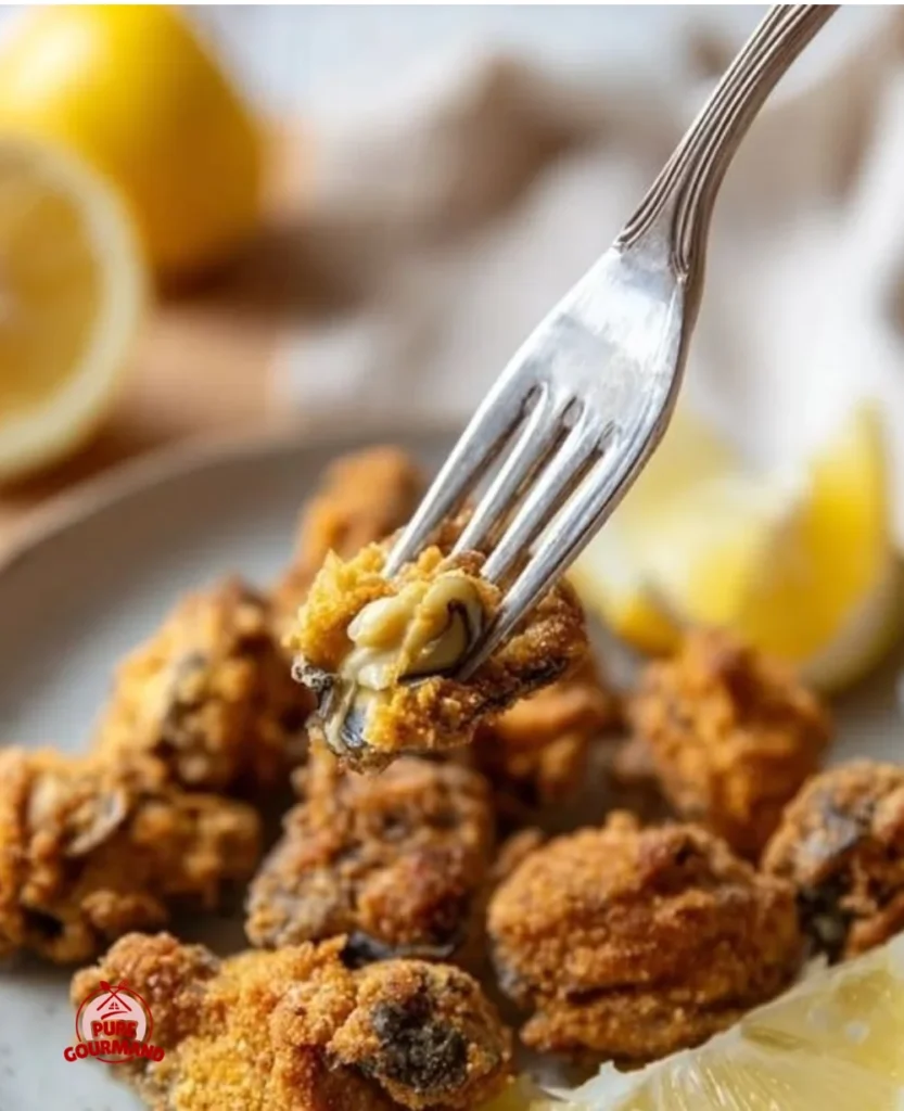 Crispy fried oysters with a light cornmeal coating served on a plate