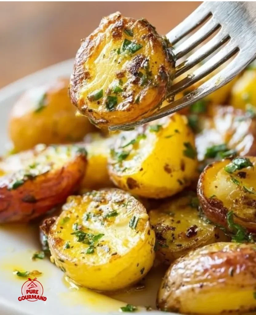 Crispy oven roasted red potatoes served in a bowl with herbs and spices.