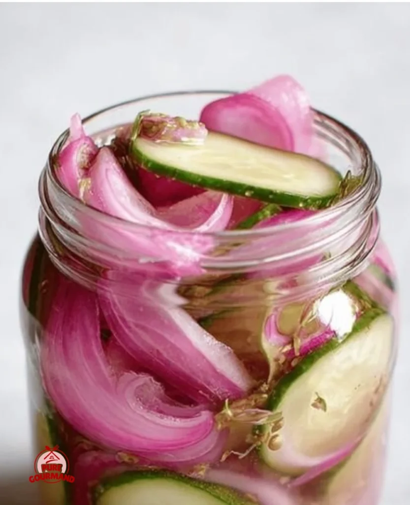 Crispy pickled red onions and cucumbers served in a bowl, adding flavor to dishes.
