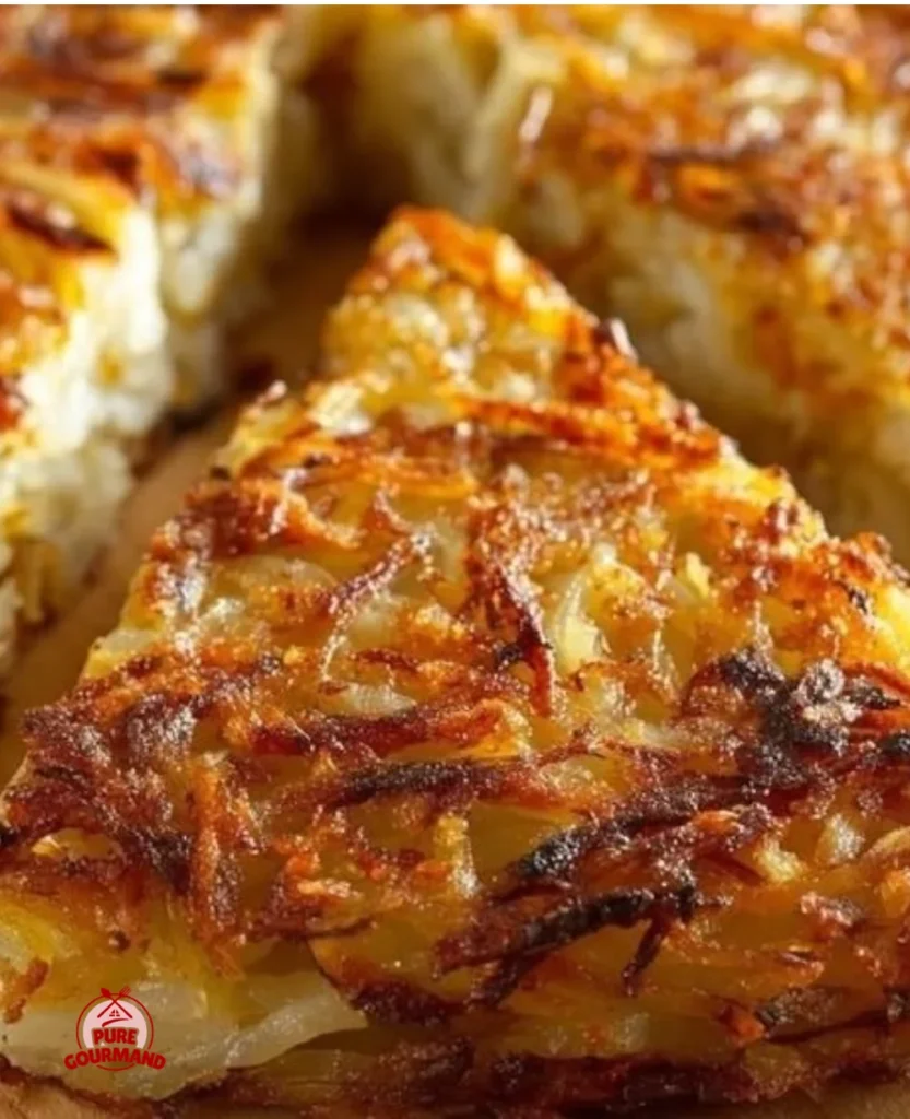 A plate of golden brown crispy potato kugel, garnished and ready to serve.