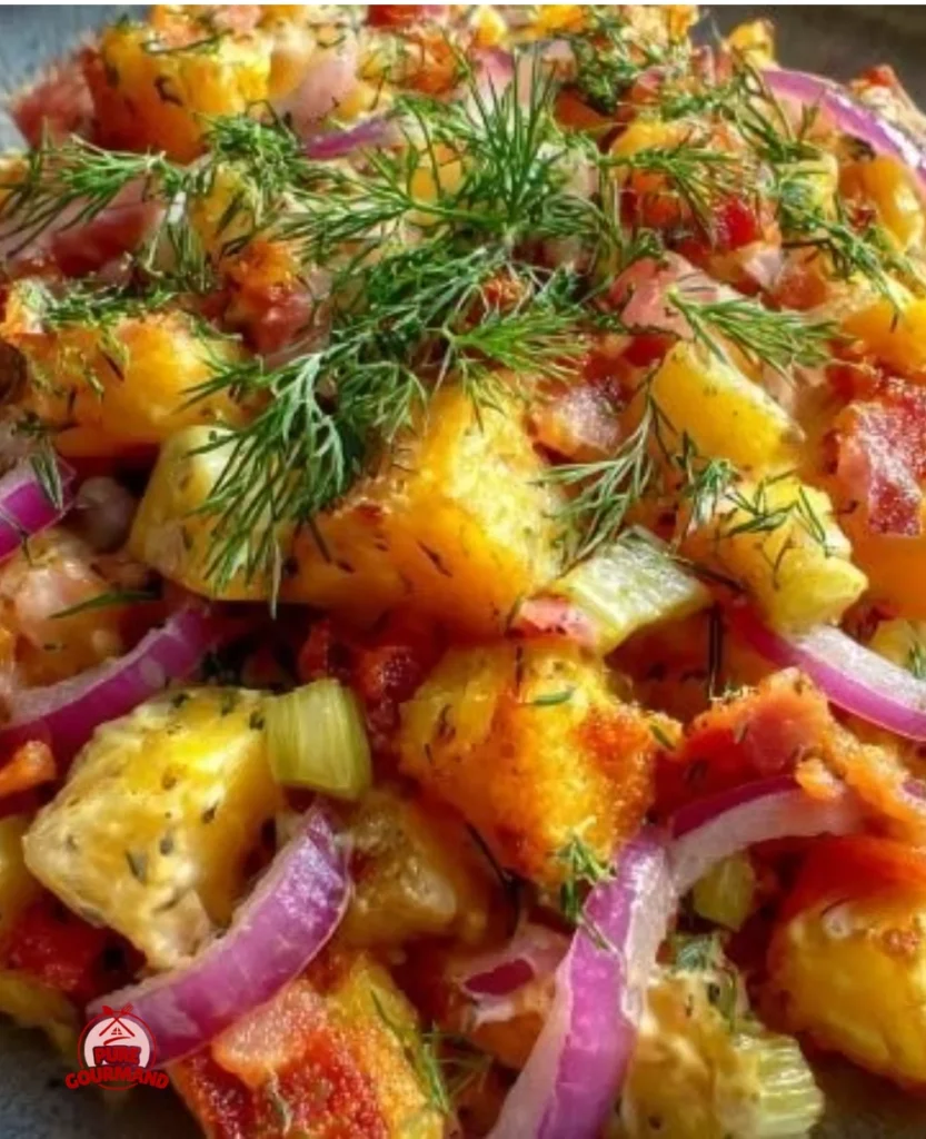 Crispy potato salad served in a bowl with fresh ingredients and a sunny background