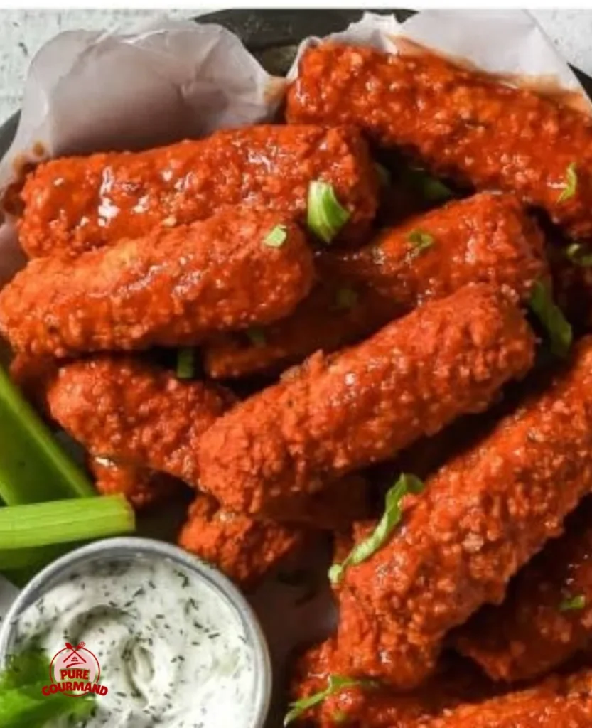 Crispy vegan buffalo tofu wings on a plate garnished with celery and dipping sauce