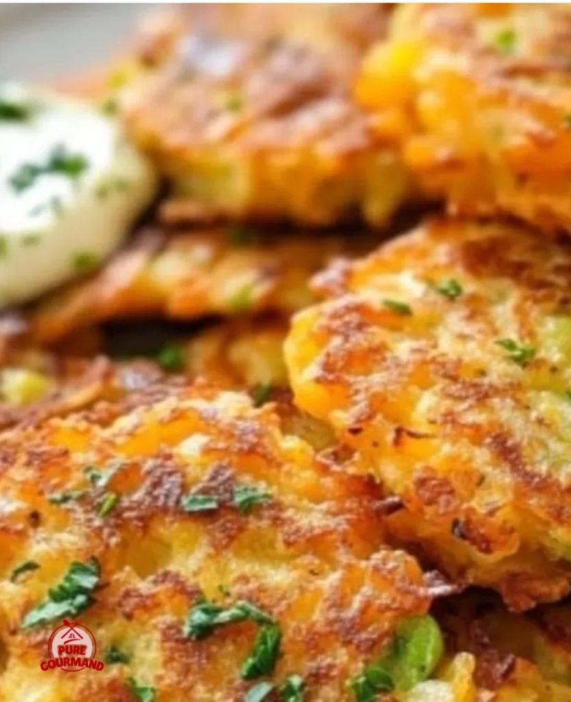 Plate of crispy vegetable fritters garnished with herbs