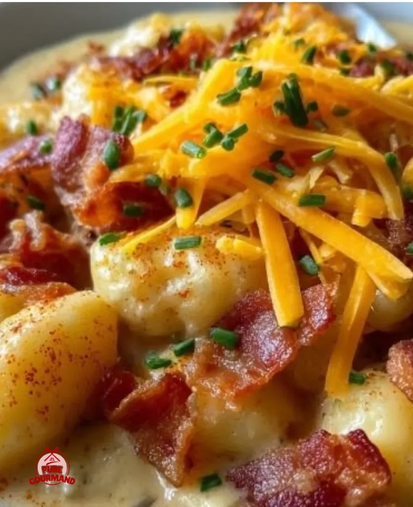 Bowl of delicious Crockpot Bacon Cheddar Gnocchi Soup topped with herbs