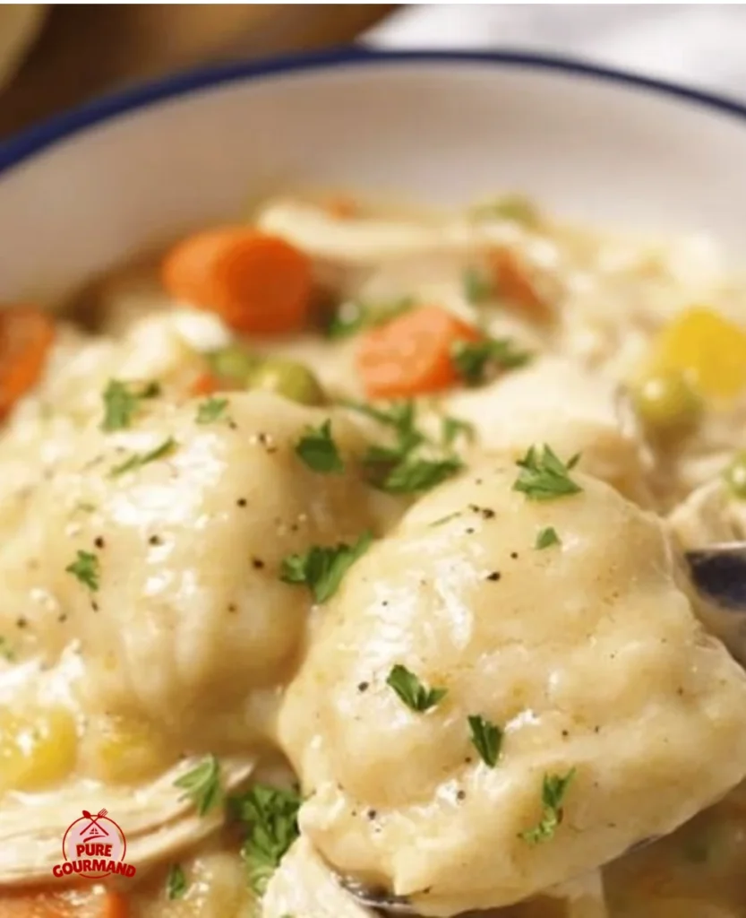 Crockpot Chicken and Dumplings in a bowl, garnished with herbs.