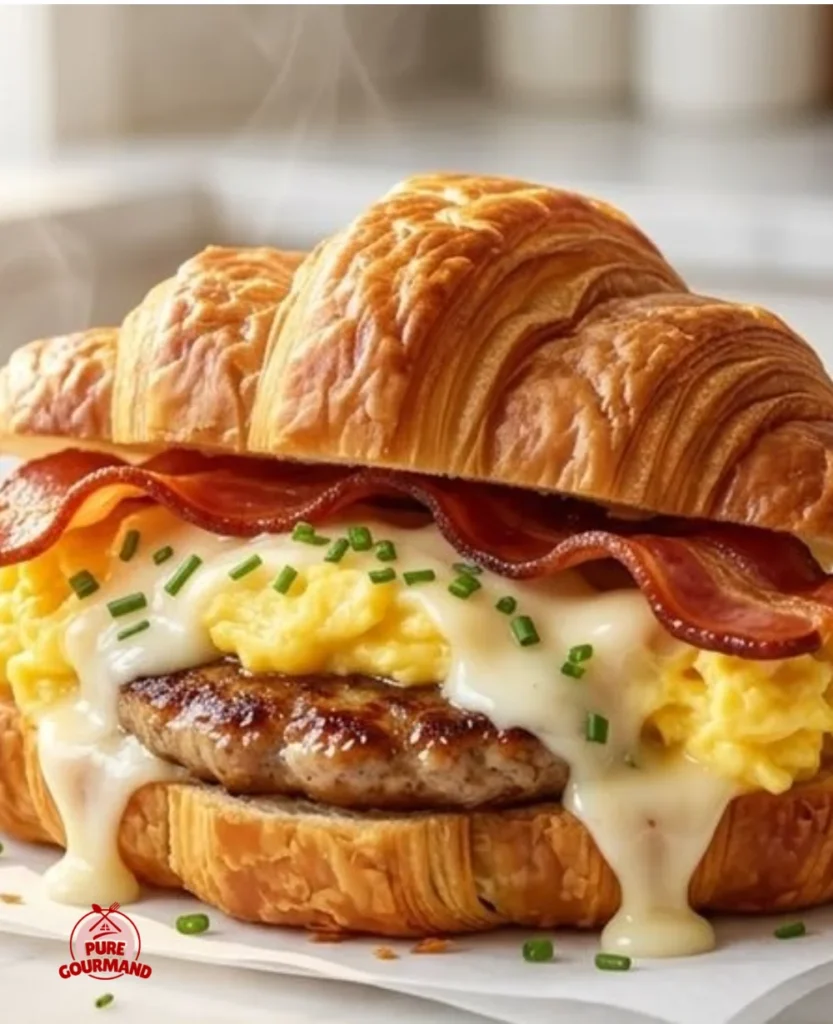 Delicious croissant breakfast sandwiches with eggs, cheese, and bacon