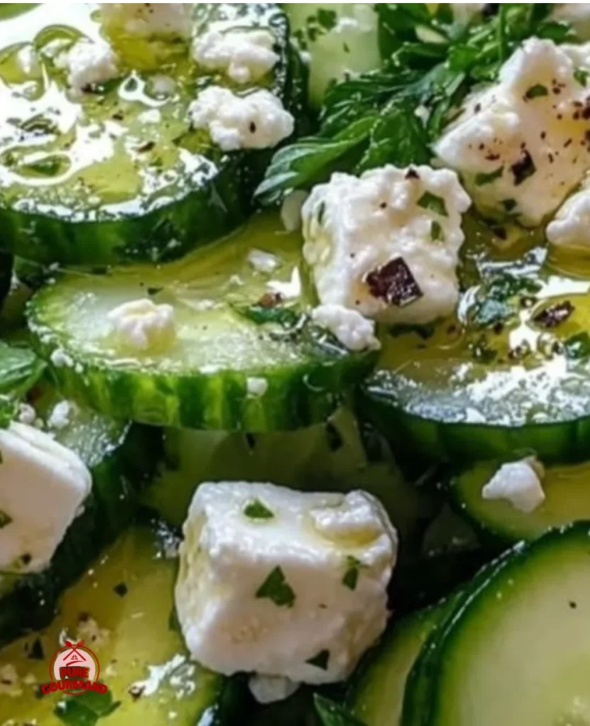 Delicious cucumber feta salad served in a bowl with fresh herbs and vegetables