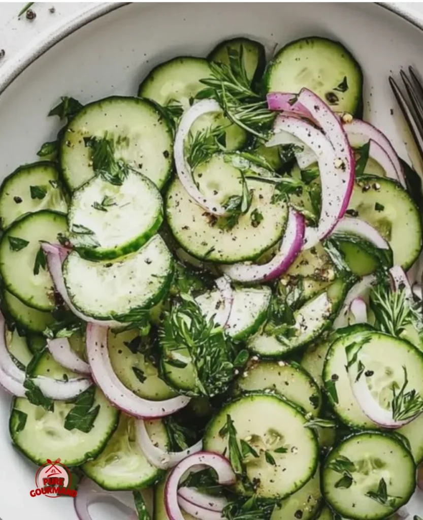 Delicious cucumber salad with fresh vegetables and dressing