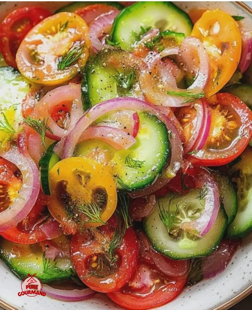 Fresh Cucumber Tomato Salad with Red Onion in a bowl
