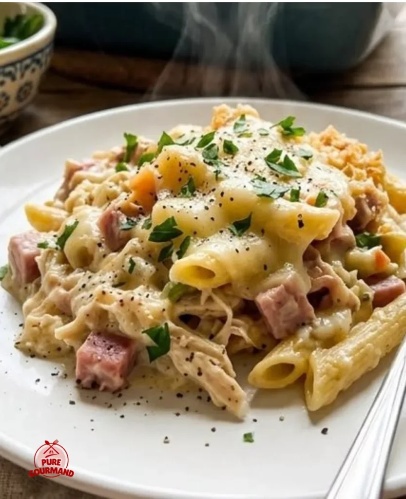 Dump and Bake Chicken Cordon Bleu Casserole served in a dish with cheese and ham