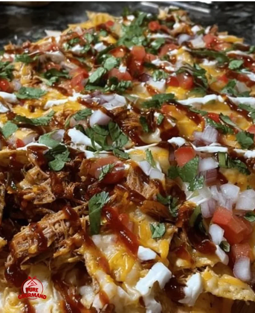 Delicious easy BBQ pulled pork nachos topped with cheese and jalapeños
