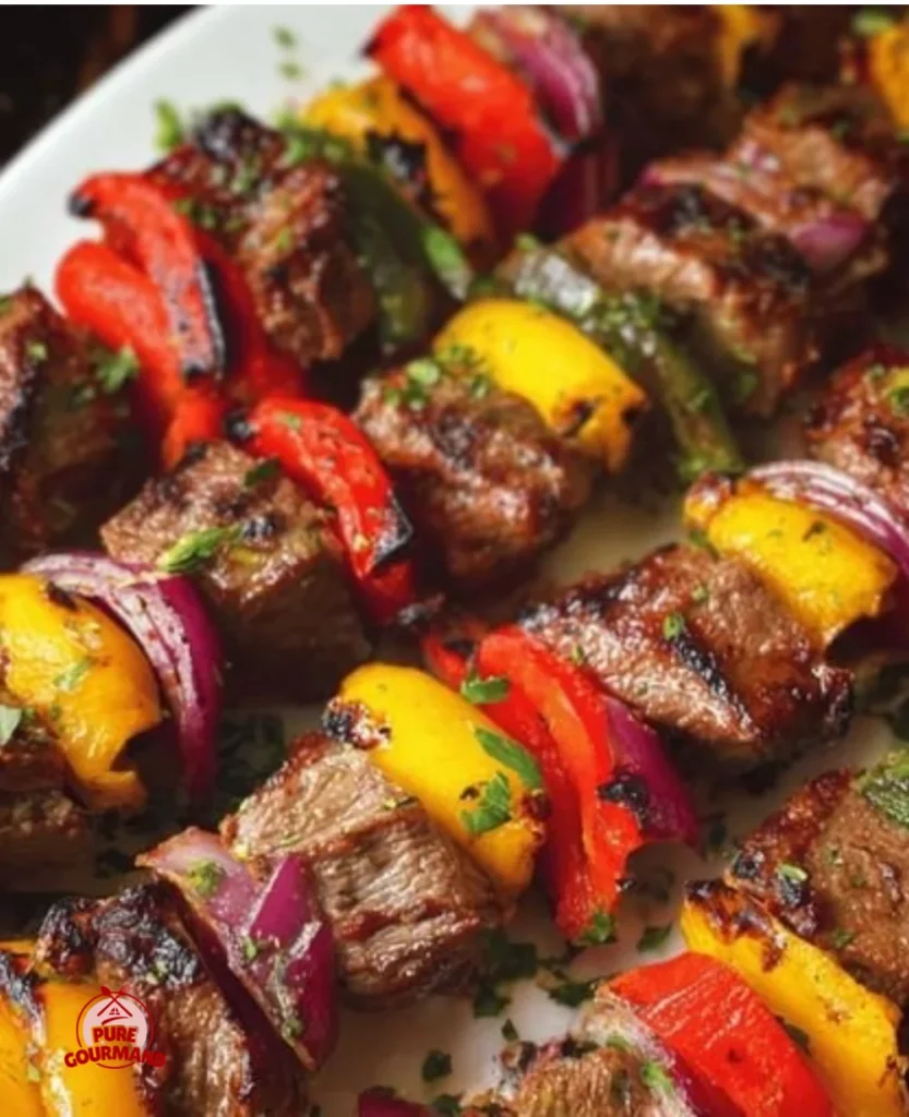 Delicious easy beef kabobs on skewers with colorful vegetables