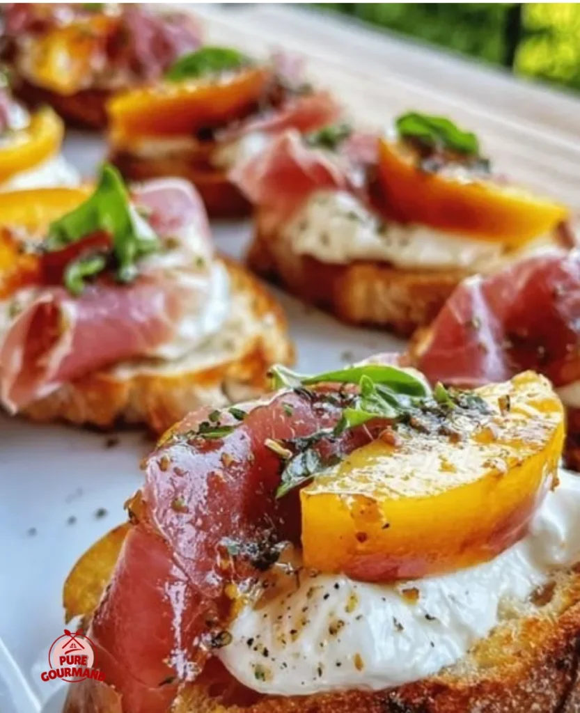 Cheesy burrata crostini topped with prosciutto and peaches on a wooden board.