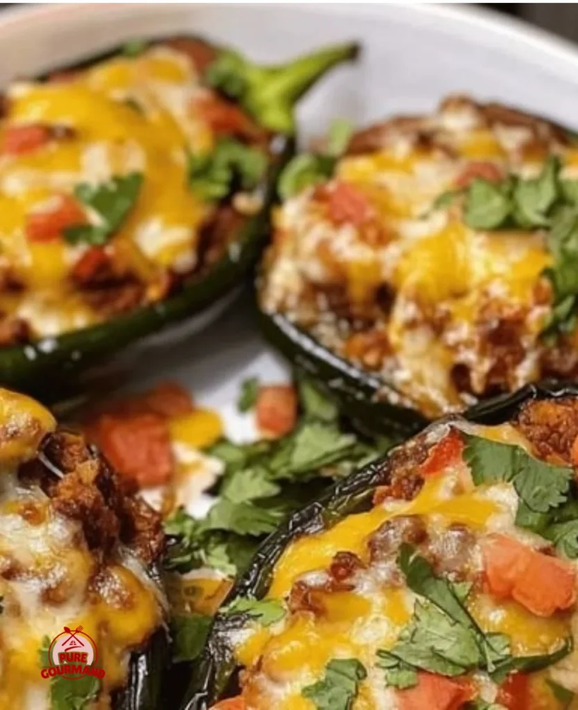 Delicious easy cheesy Mexican stuffed poblano peppers on a plate.