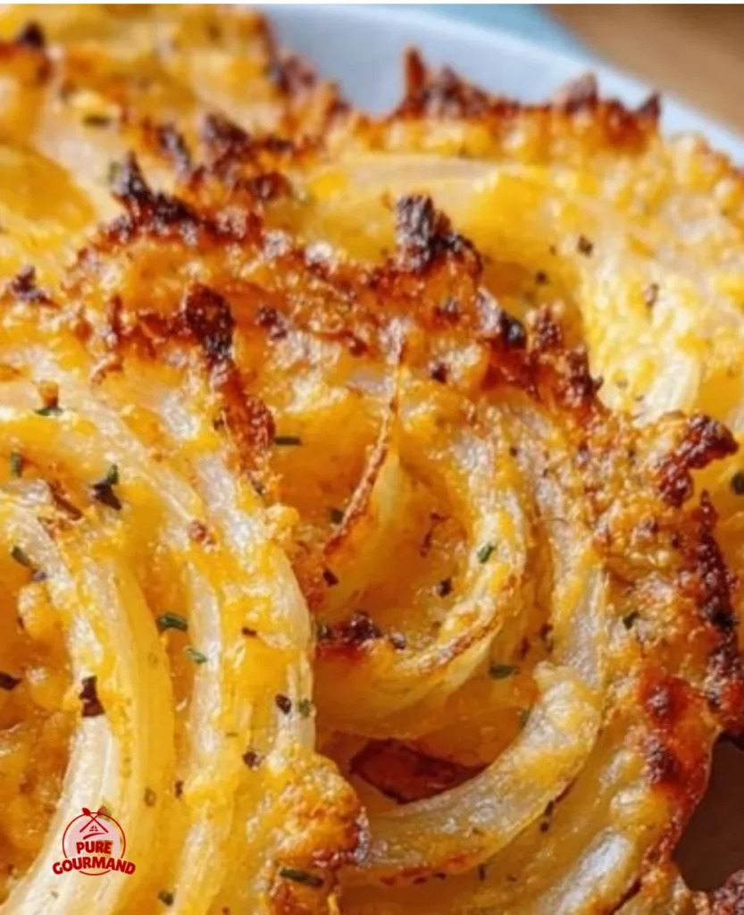 Delicious Easy Cheesy Onion Crisp served on a plate with herbs