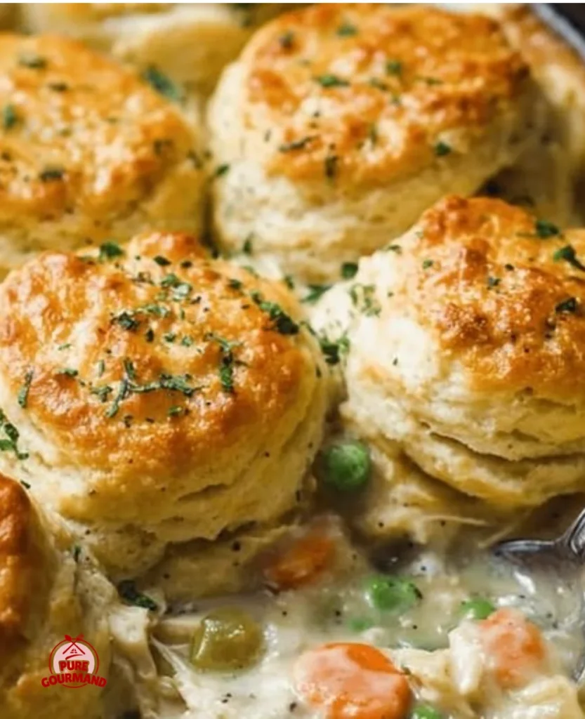 Easy chicken pot pie casserole served in a dish, ready to enjoy.