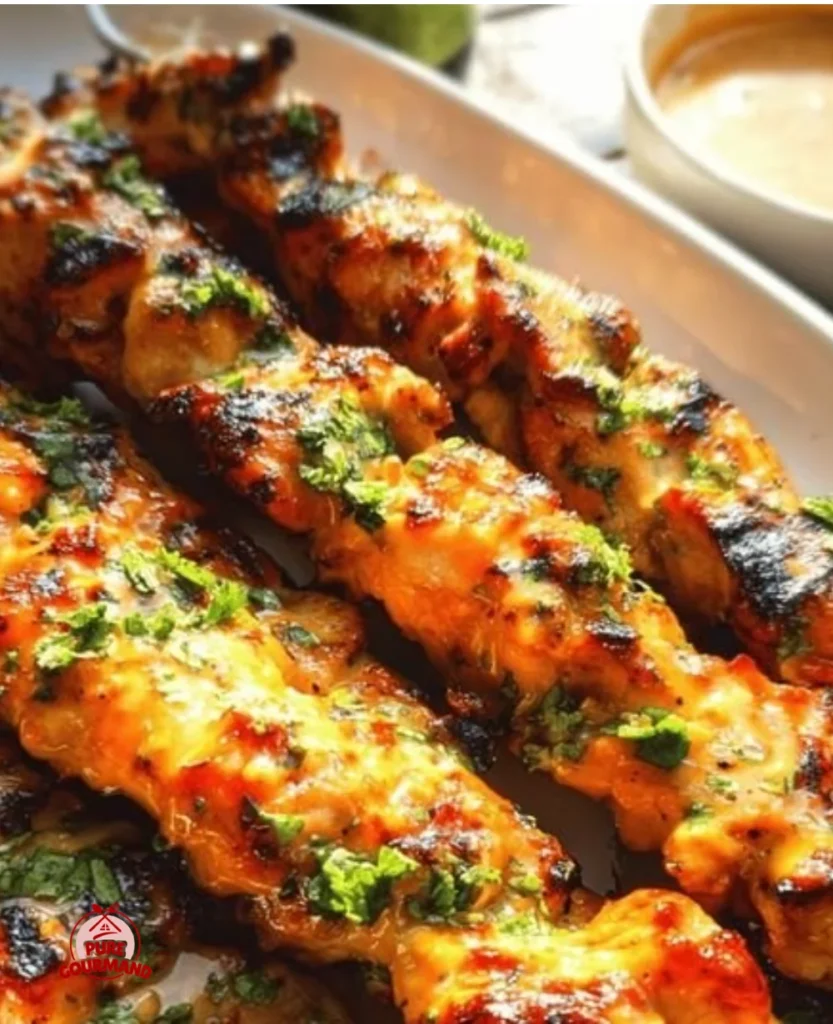 Easy grilled Bang Bang Chicken skewers served on a summer night.