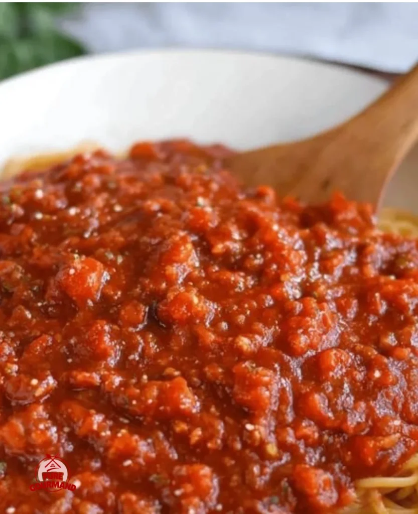 Bowl of easy homemade spaghetti sauce with fresh tomatoes and herbs