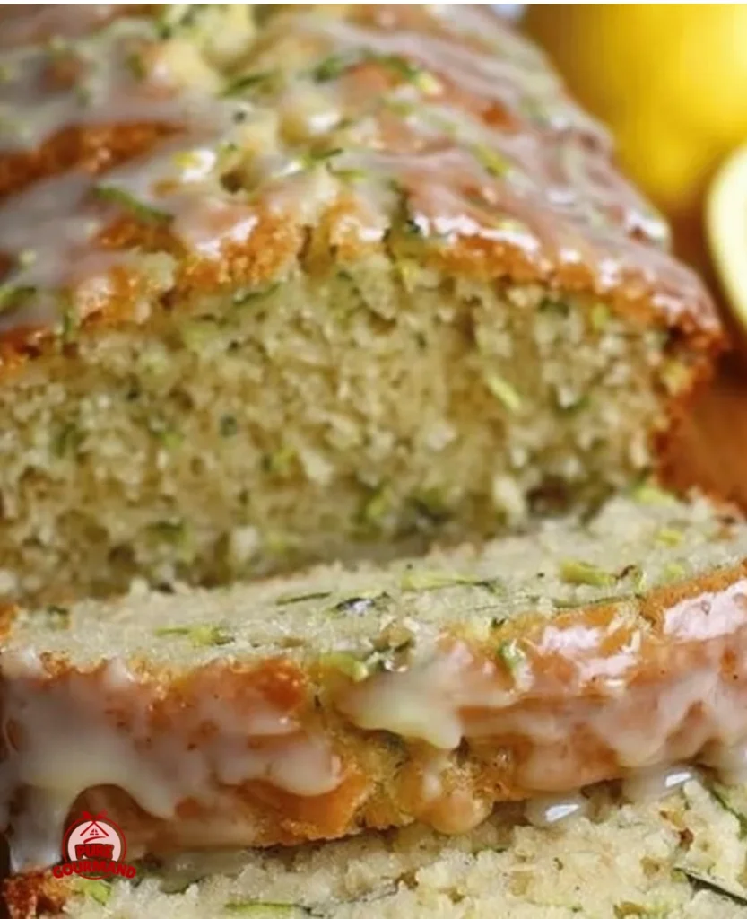 Sliced moist lemon zucchini bread on a wooden board