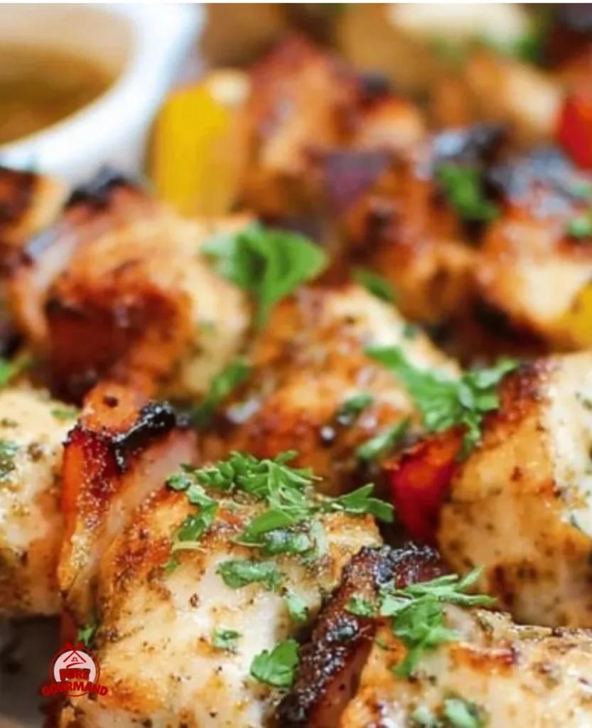 Delicious oven-baked chicken kabobs served on a plate with colorful vegetables
