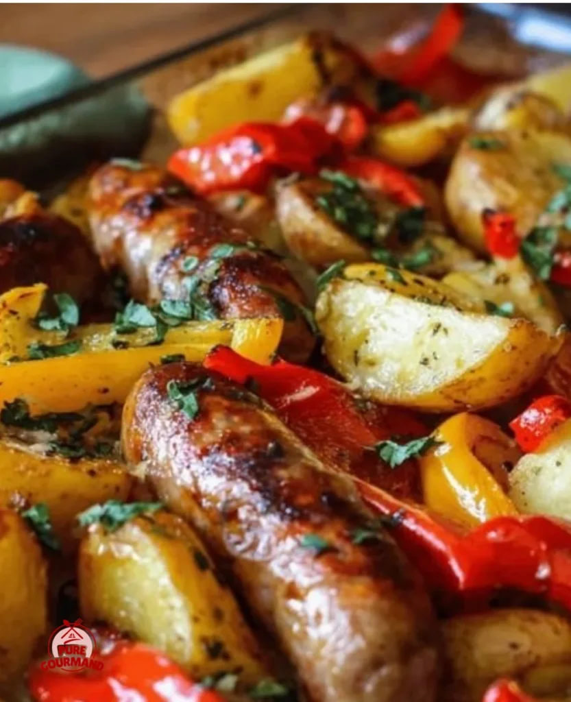 Easy oven roasted sausages with potatoes and peppers on a baking tray.