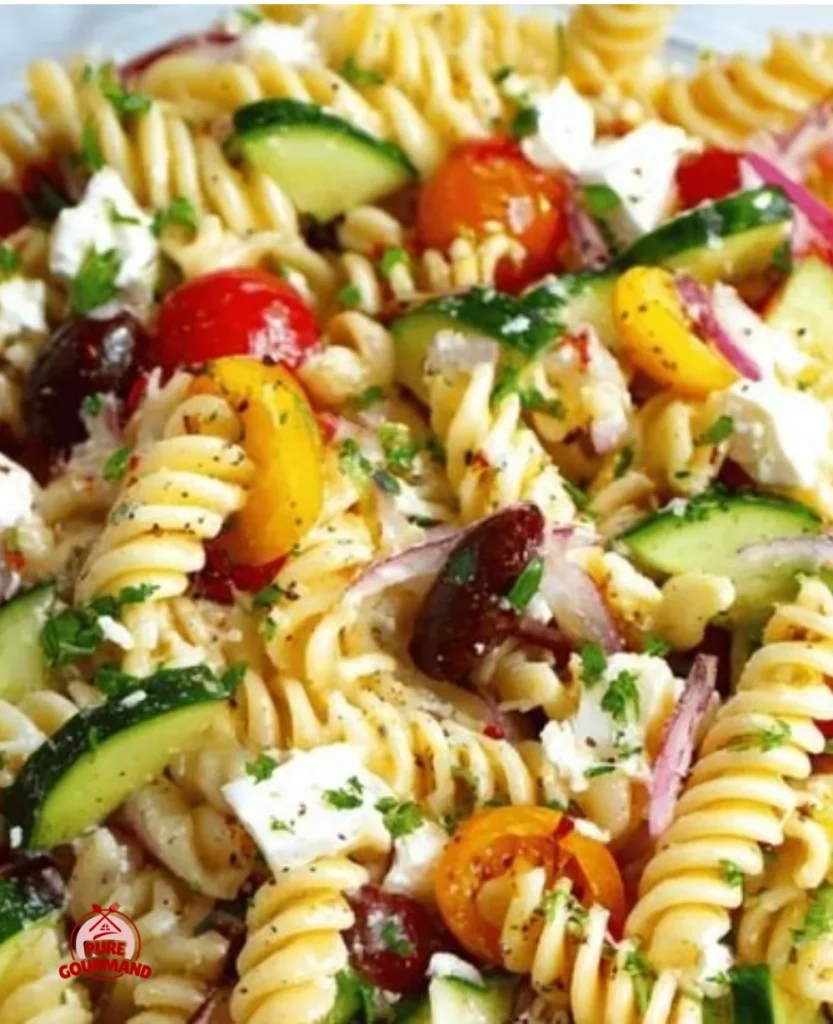 Colorful easy pasta salad in a bowl with fresh vegetables and herbs