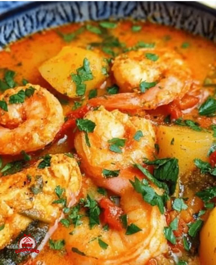 A bowl of Easy Portuguese Fish Stew filled with fresh ingredients and spices.