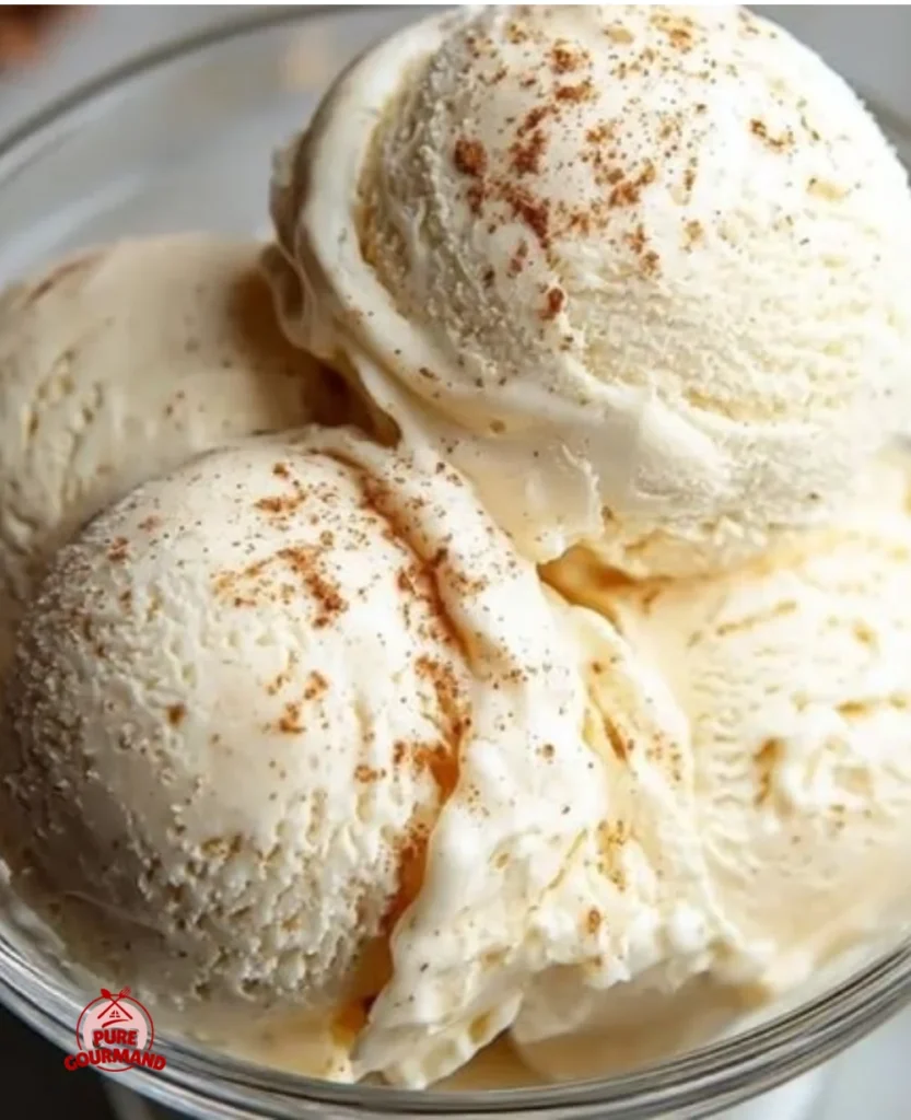 Delicious bowl of homemade eggnog ice cream topped with nutmeg
