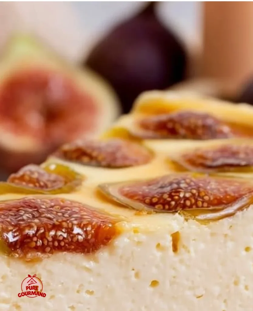 A slice of rich Fig Cheesecake topped with fresh figs and whipped cream.