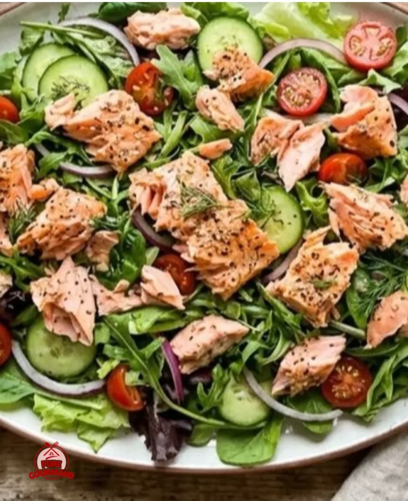 Flaky salmon salad with fresh greens and vibrant vegetables