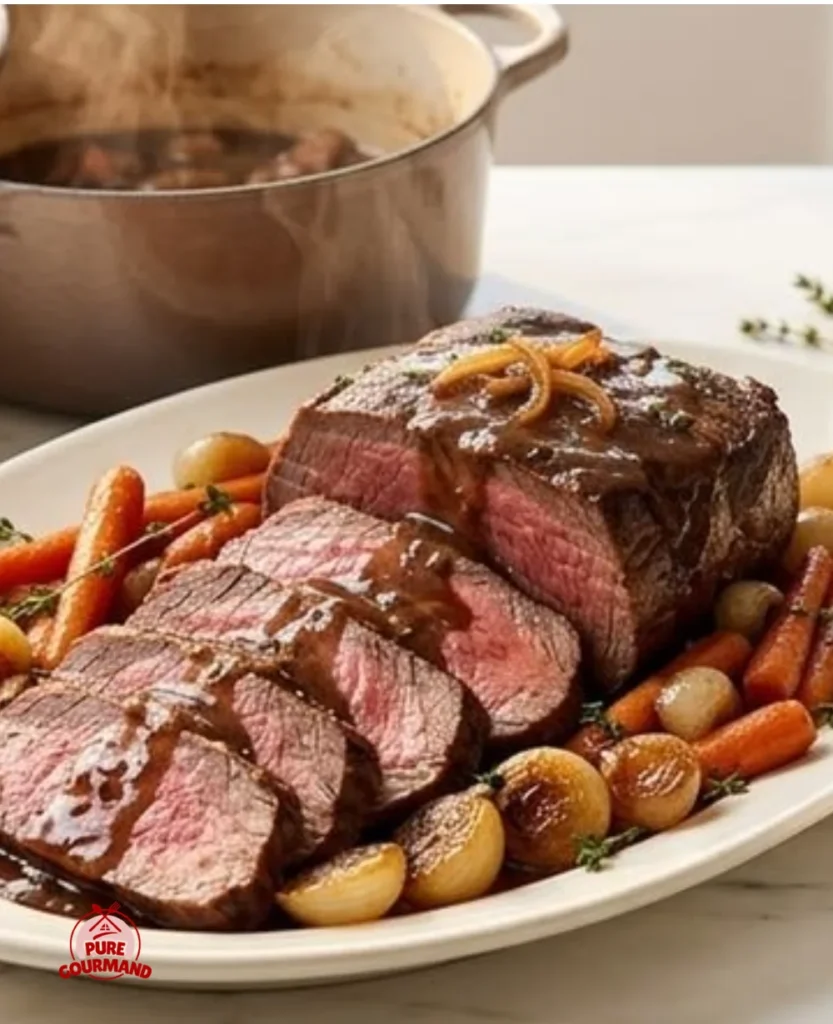 Delicious French onion pot roast served in a rustic dish