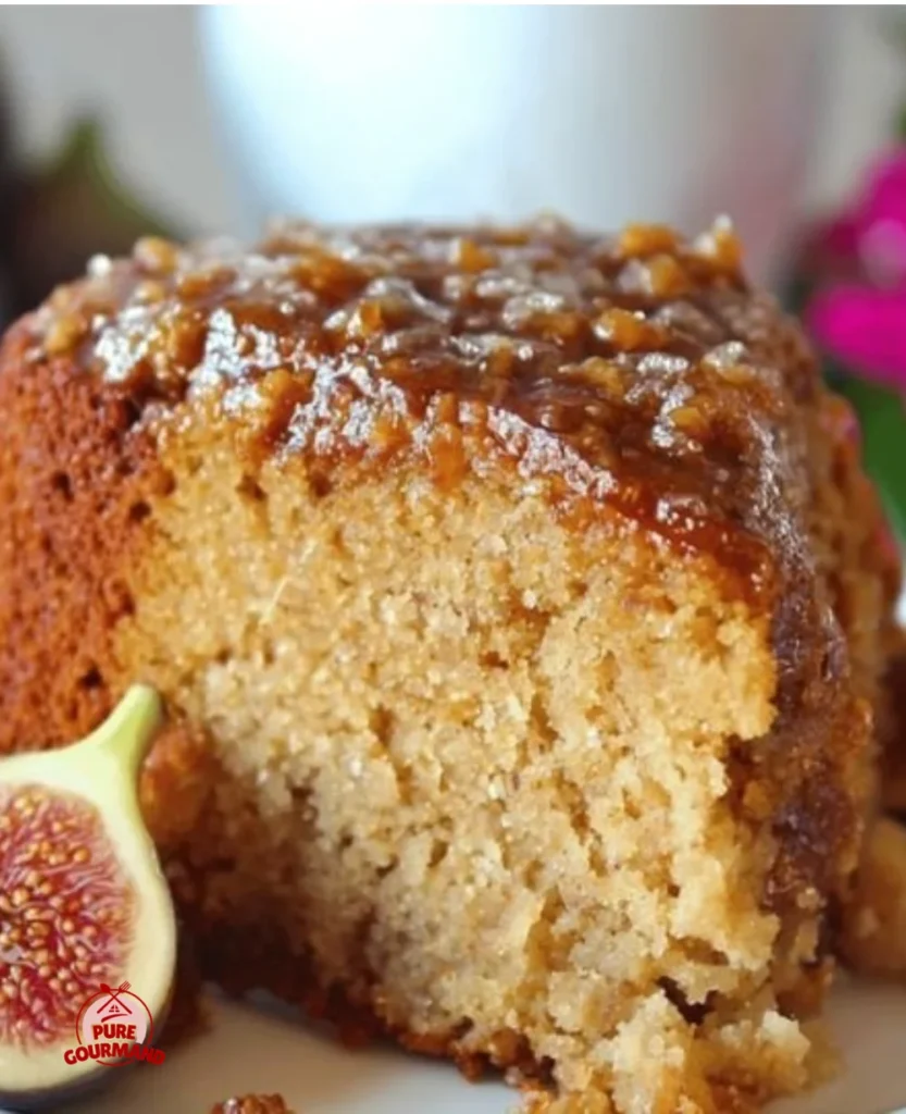 A slice of fresh fig cake topped with ripe figs and cream, served on a wooden table.