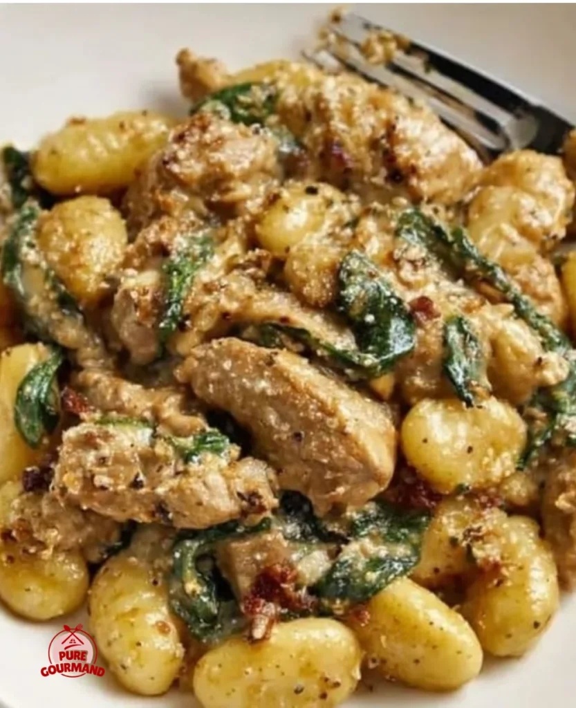 Delicious Garlic Chicken and Gnocchi Skillet served in a pan
