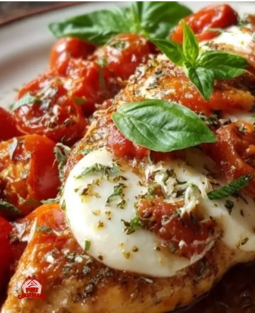 Garlic Chicken with Tomato Sauce and Mozzarella served on a plate