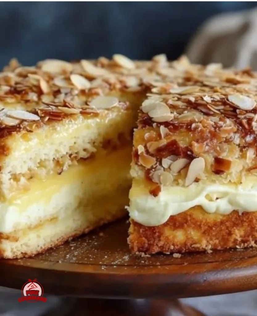 Delicious slice of German Bee Sting Cake topped with almonds and honey glaze.