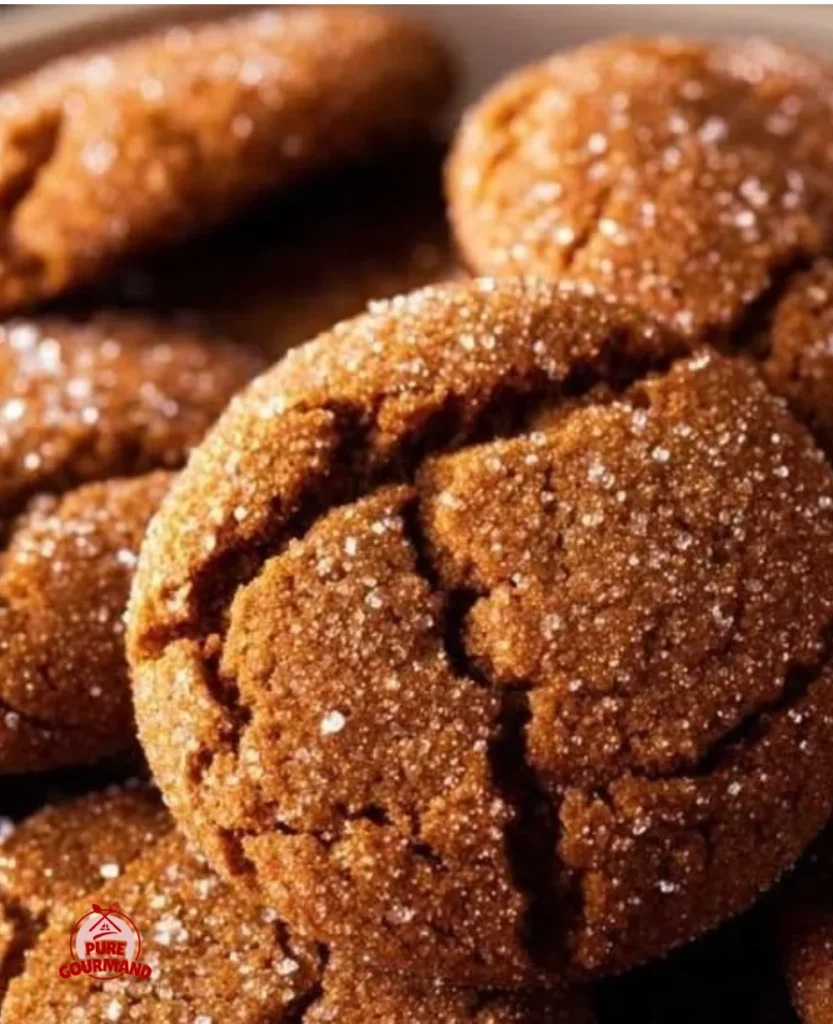 Plate of freshly baked gingersnap cookies with a dusting of sugar
