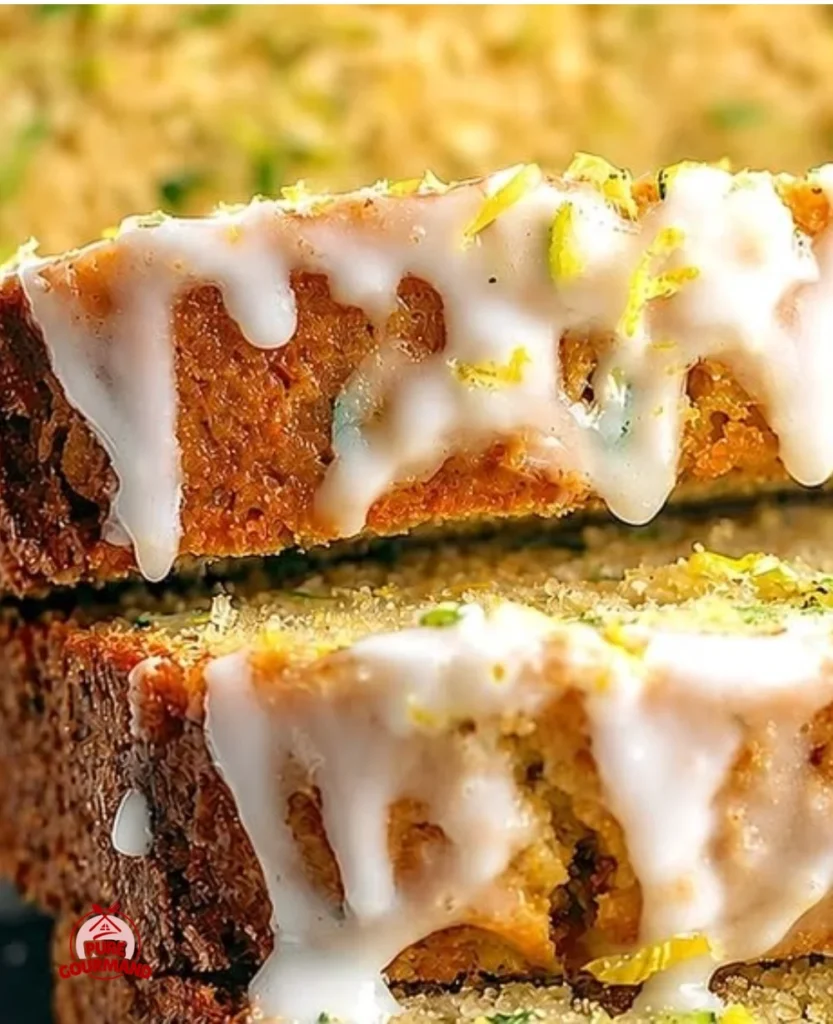 Sliced glazed lemon zucchini bread on a wooden cutting board