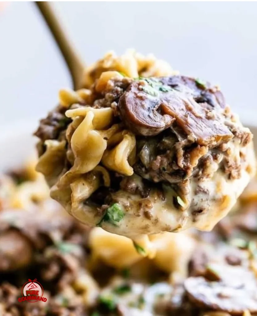 Gluten-free ground beef stroganoff served with creamy sauce over pasta