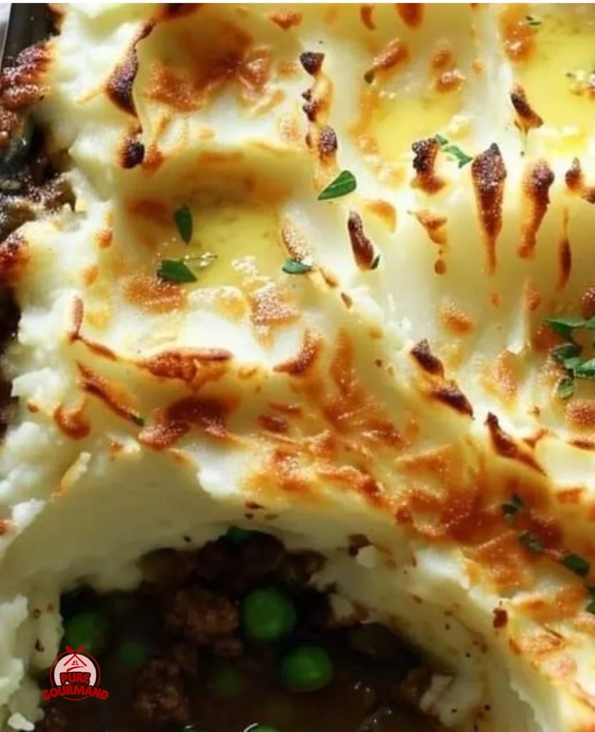 A hearty gluten-free shepherd's pie topped with creamy mashed potatoes.