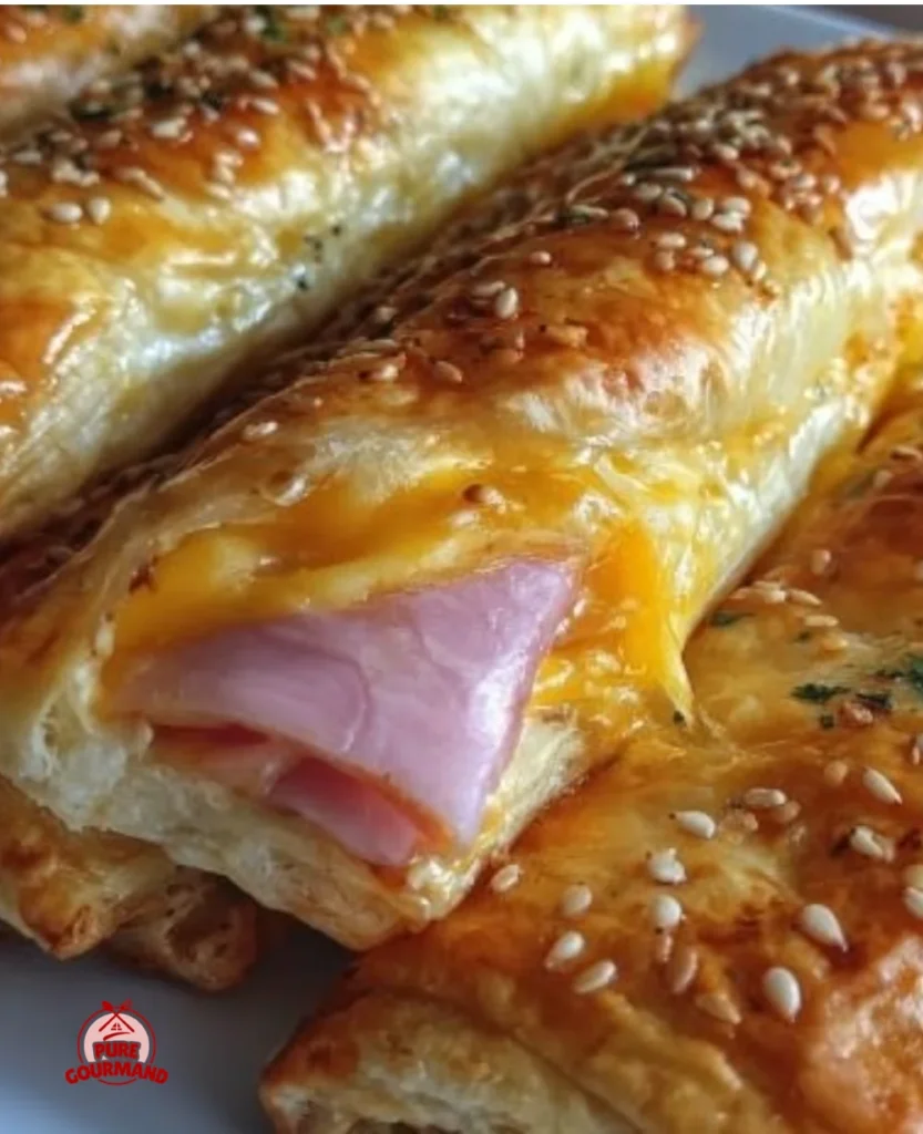 Golden baked ham and cheese sticks ready to serve.