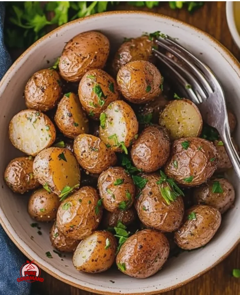 Crispy air fryer baby potatoes with garlic and herbs served on a plate.