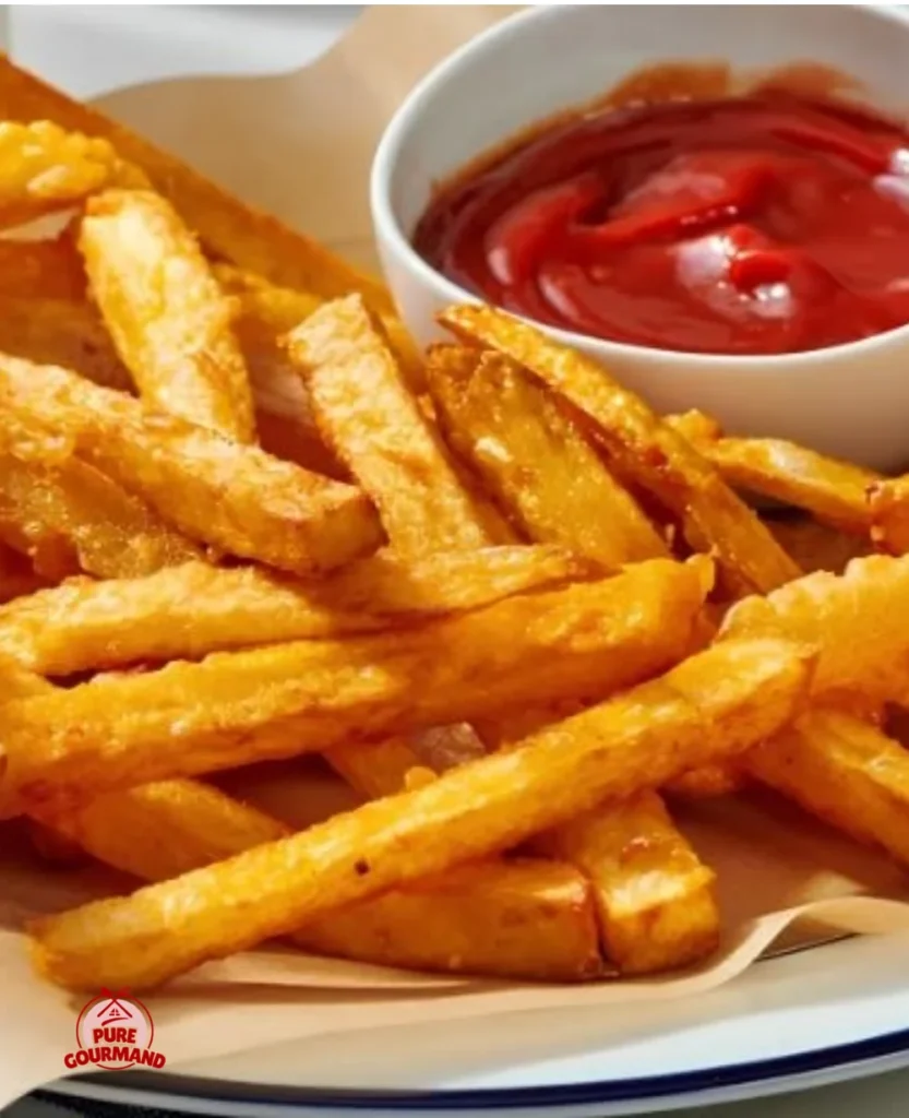 Golden crispy seasoned fries served in a cozy setting