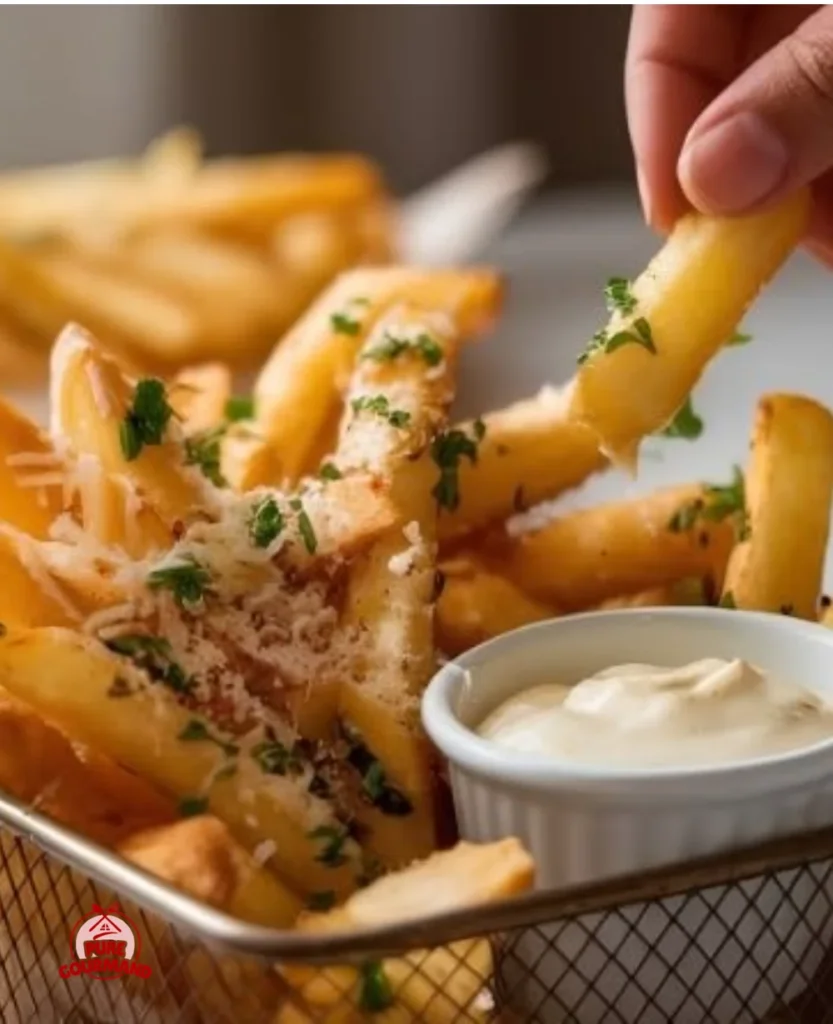 Crispy garlic parmesan fries served on a plate with fresh herbs.