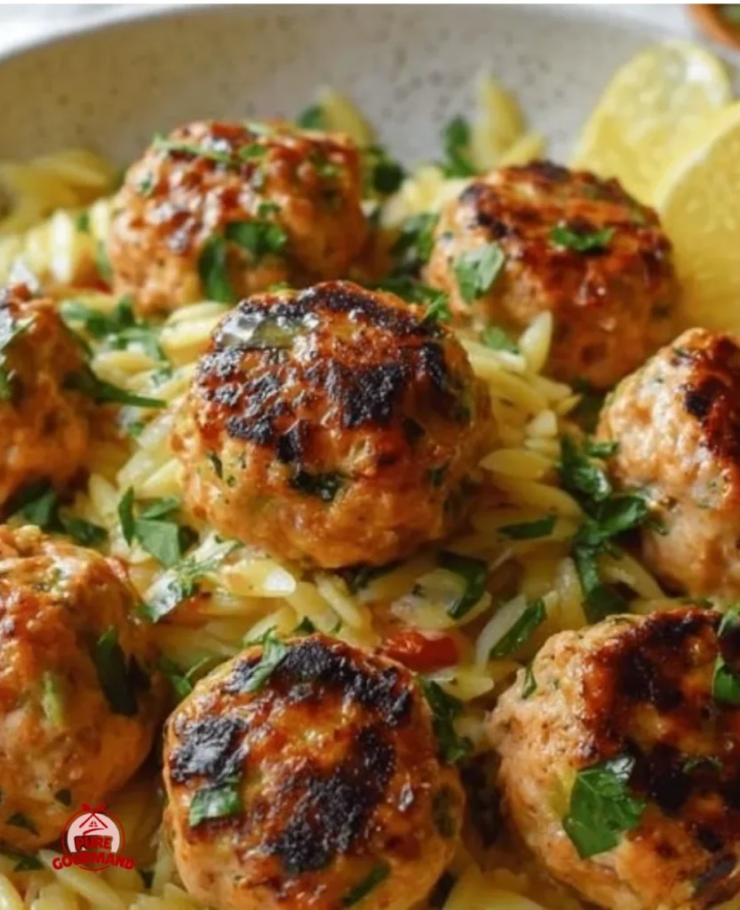 Plate of Greek Chicken Meatballs with Lemon Orzo garnished with herbs