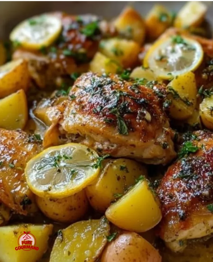 Plate of Greek Lemon Chicken with Potatoes seasoned with herbs and lemon.