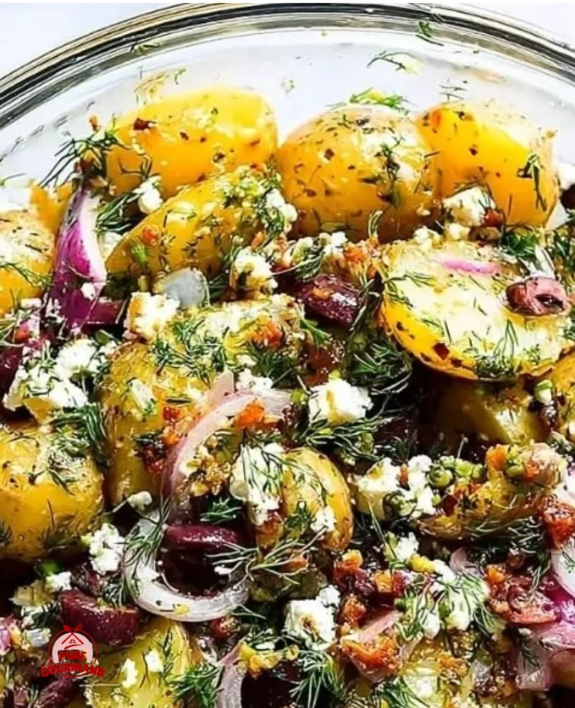 Greek Olive Potato Salad with olives, potatoes, and fresh herbs