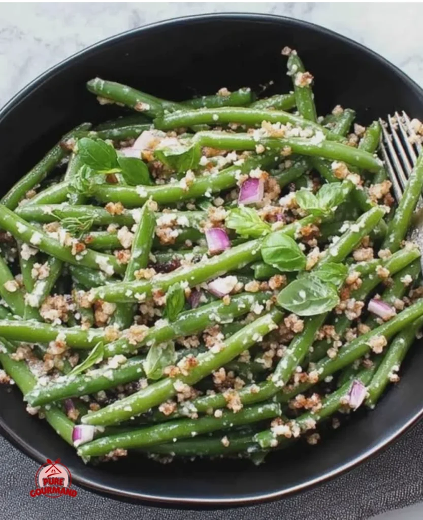 Green bean salad with fresh basil and grated Parmesan cheese in a bowl.